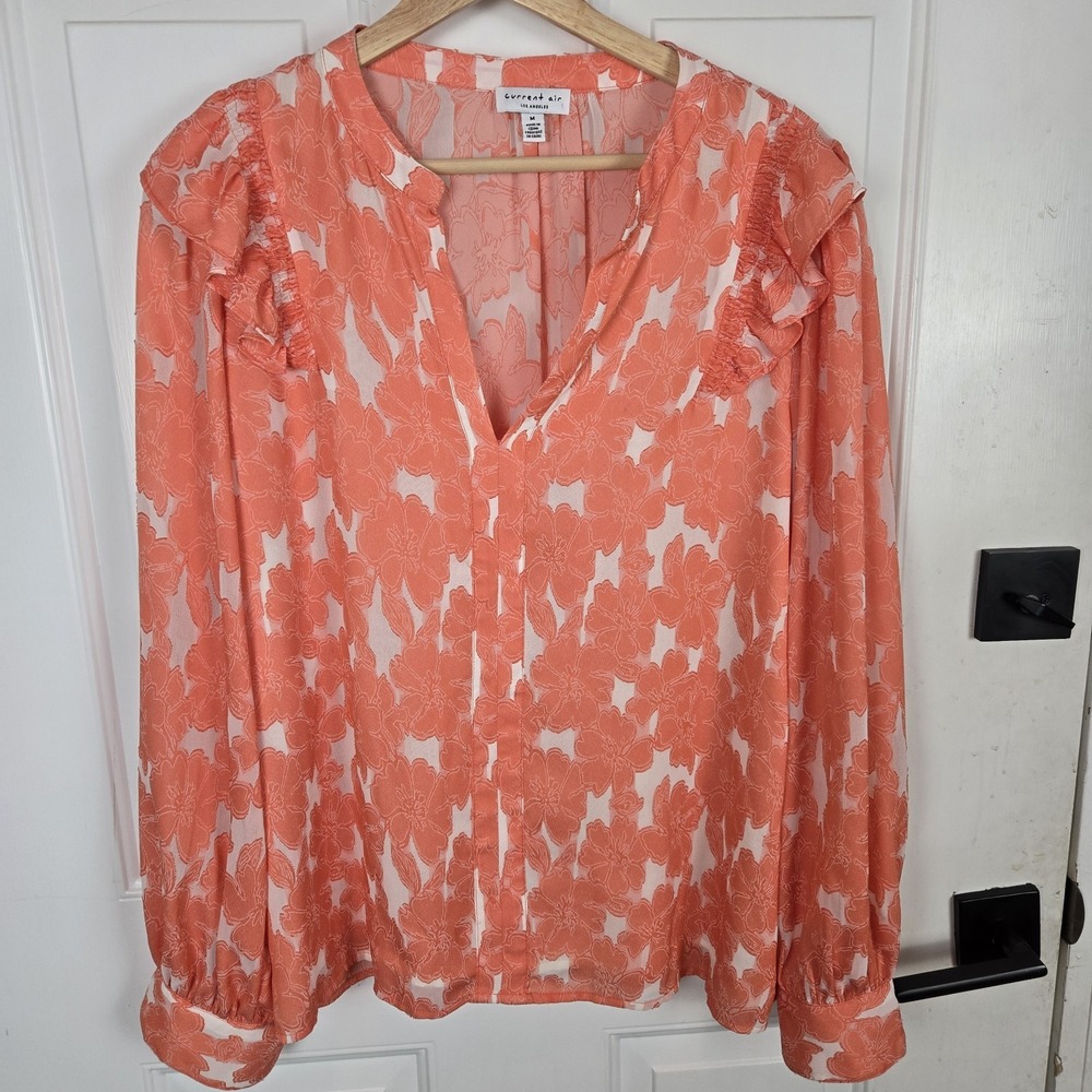 Current Air Popover Top Womens Medium Coral Orange Floral Boho Peasant‎ Cottage